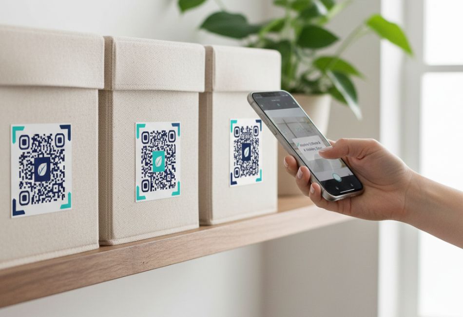 Persona escaneando un código QR en una caja de almacenamiento para organización del hogar